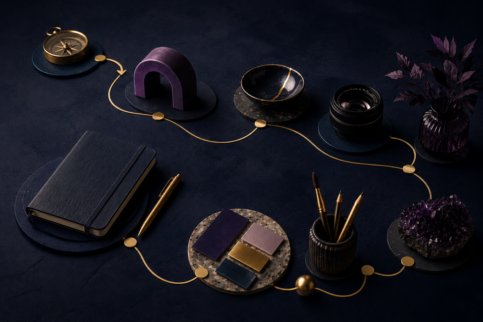 Premium creative hobbies image with a gold path connecting a notebook, compass, camera lens, color tiles, pencils, and creative objects on a dark navy surface.