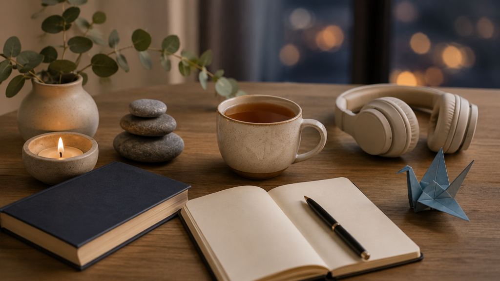 Relaxing hobbies for adults with calming objects for a low-pressure evening routine