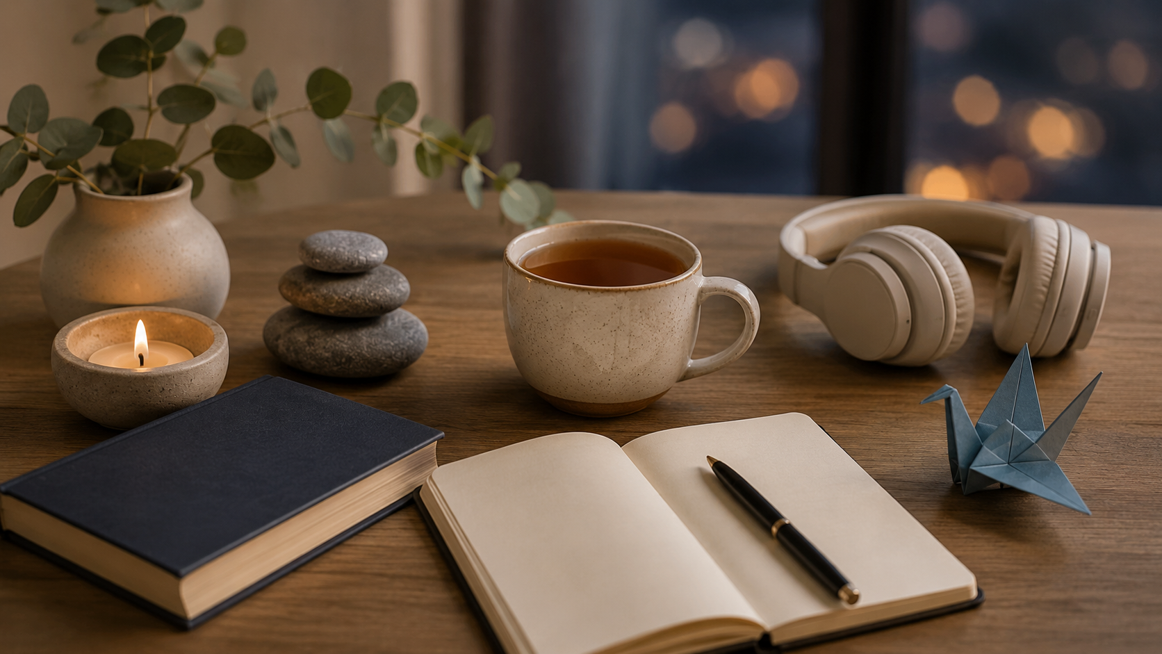 Relaxing hobbies for adults with calming objects for a low-pressure evening routine