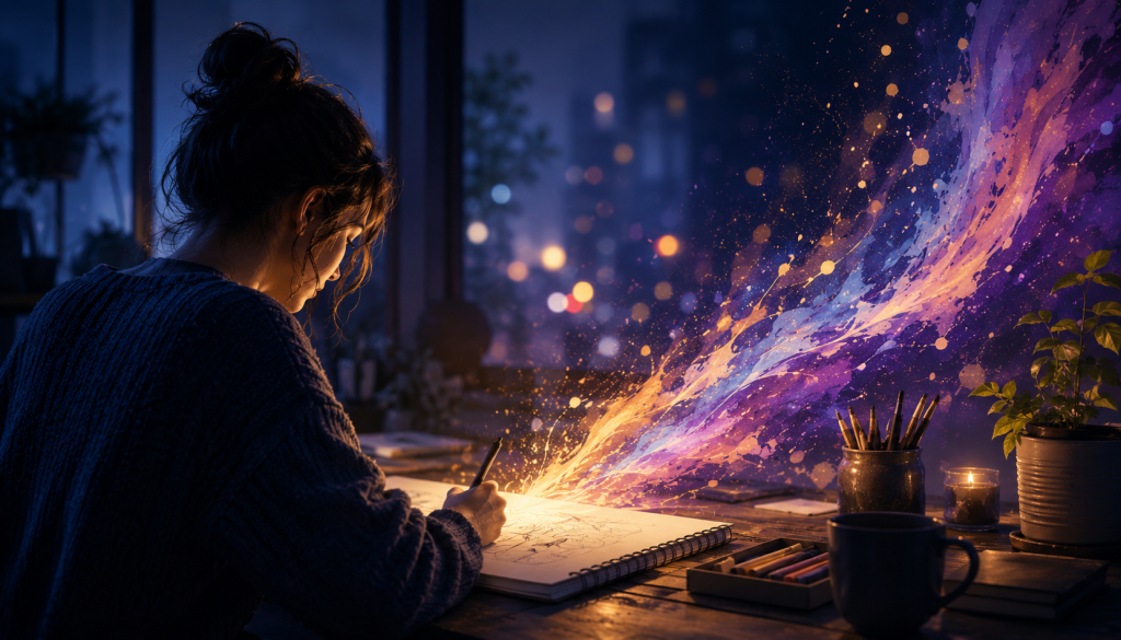 Creative flow shown as a woman deeply focused on sketching while colorful light moves from her work