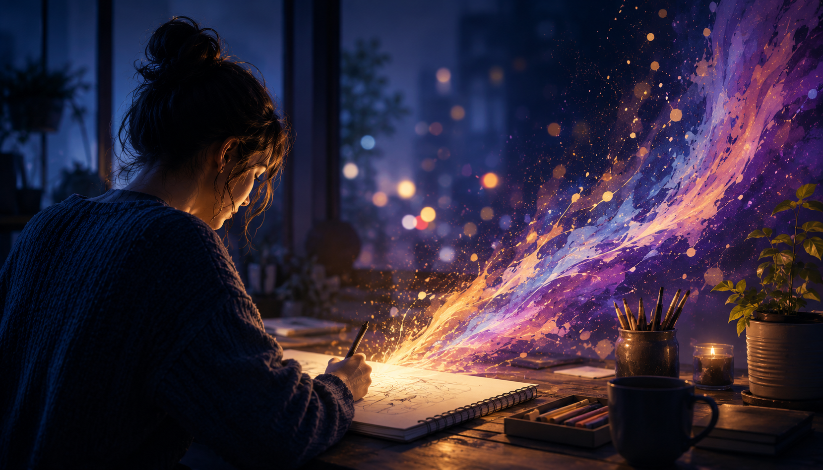 Creative flow shown as a woman deeply focused on sketching while colorful light moves from her work