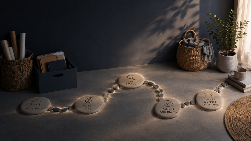 Creative hobbies for small spaces shown as a guided path with stepping stones across a compact room.