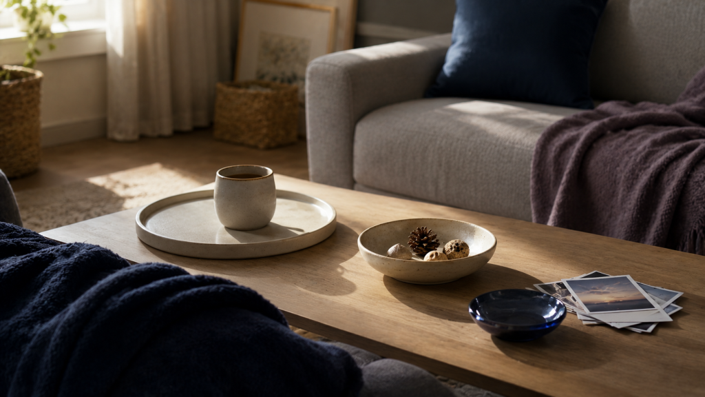 Creative outlets for adults with burnout shown as a quiet low-pressure creative moment in a calm living room