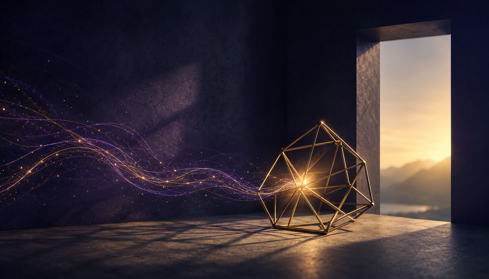 Creative thinking examples represented by a glowing geometric form and flowing light