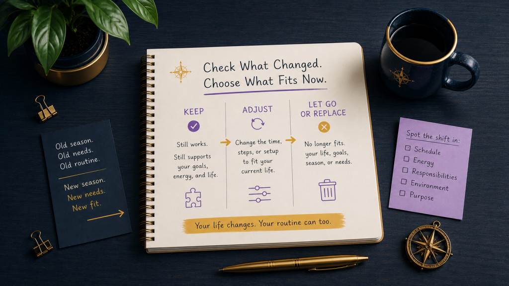 Routine stops working checklist showing what to keep, adjust, or let go when life changes