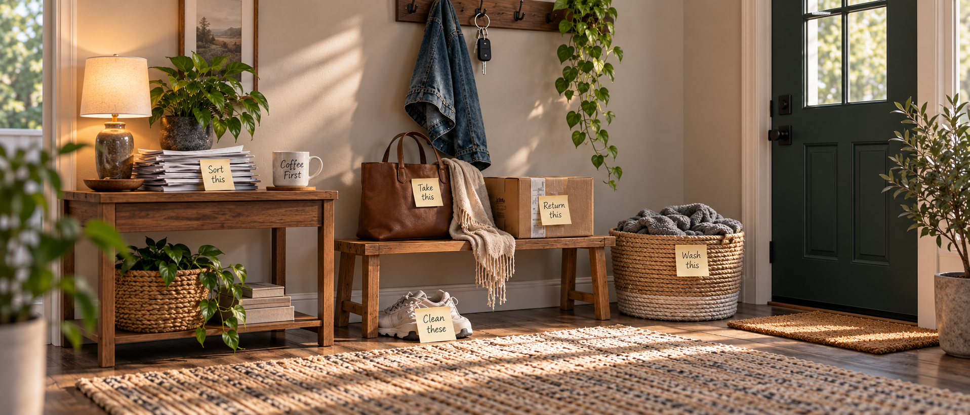 Entryway with papers, a bag, return box, laundry basket, and shoes showing how unfinished tasks can make a room feel overwhelming